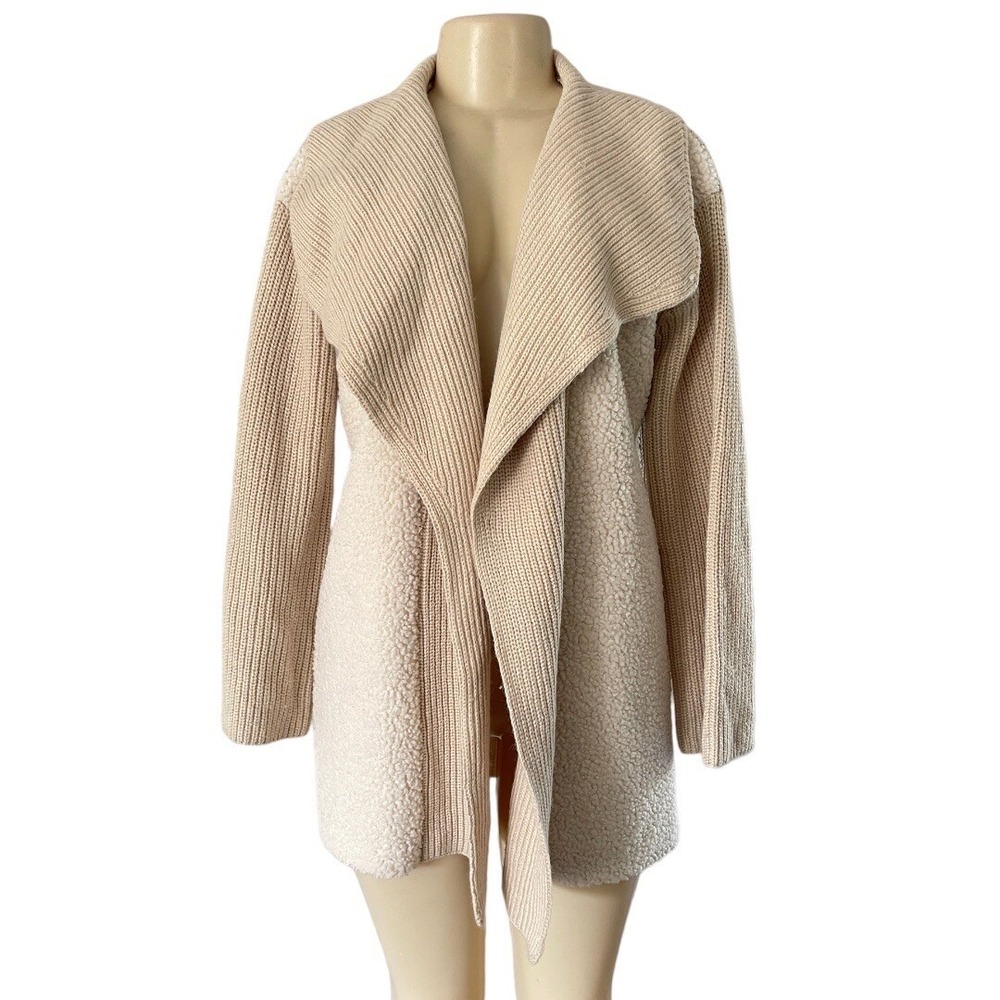 Strut & Bolt Women's Medium Cardigan‎ Sweater Knit Sherpa Drape Front Beige